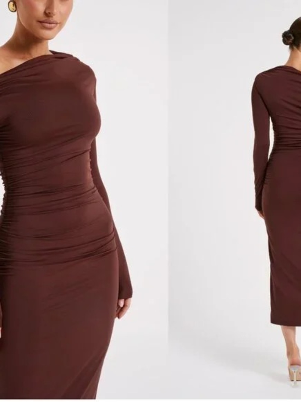 CRISTABEL Nylon Ruched Midi Dress Chocolate